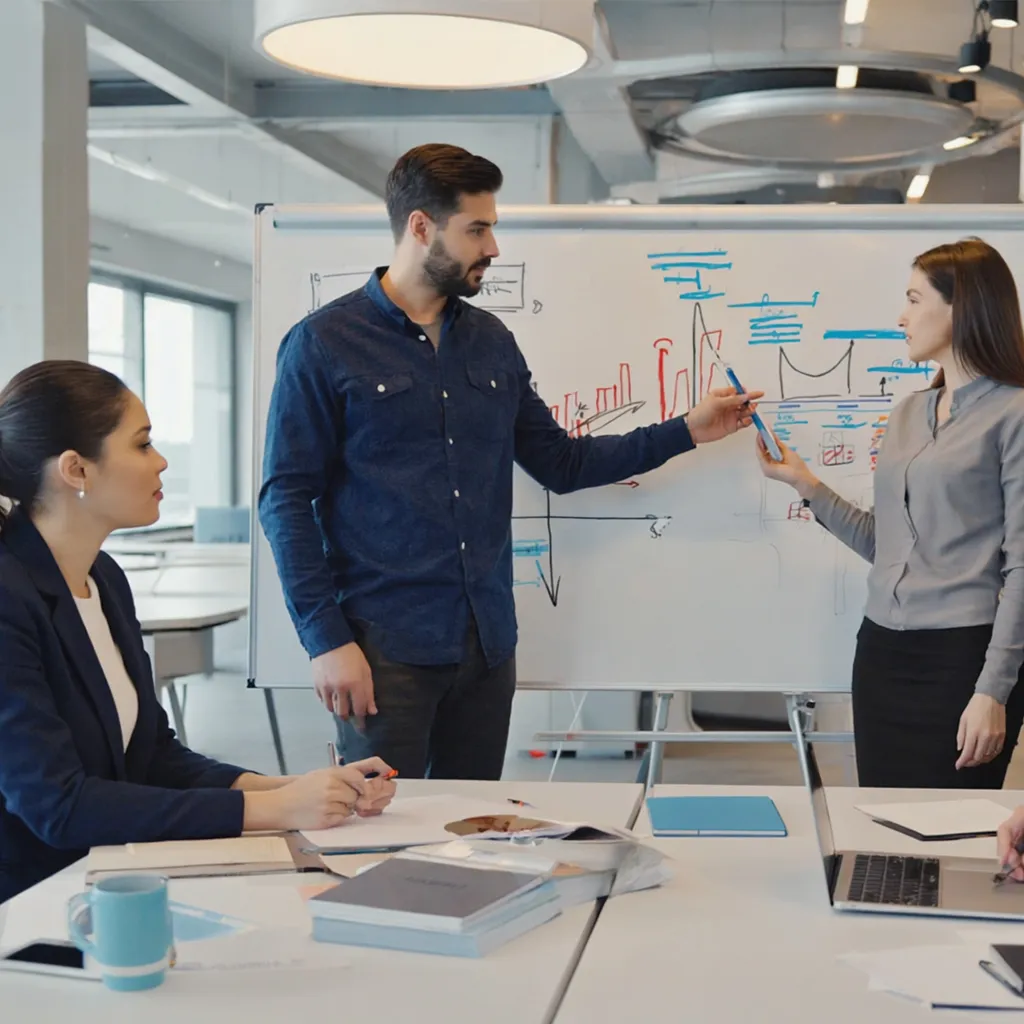people discussing data presentation board