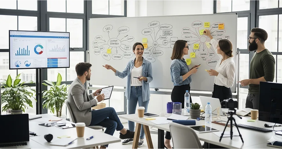 people discussing data presentation board