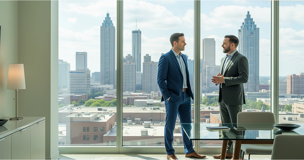 two men talking in a spacious office