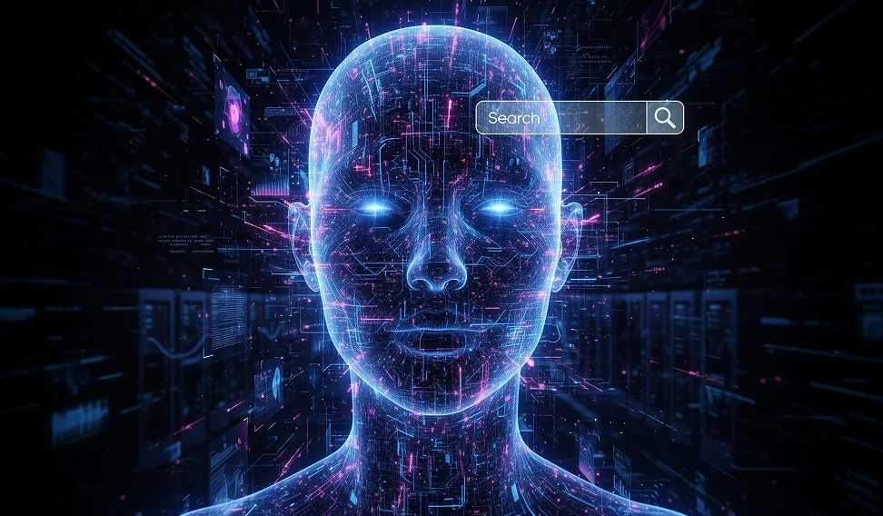 Digital human head made of glowing circuits symbolizing artificial intelligence