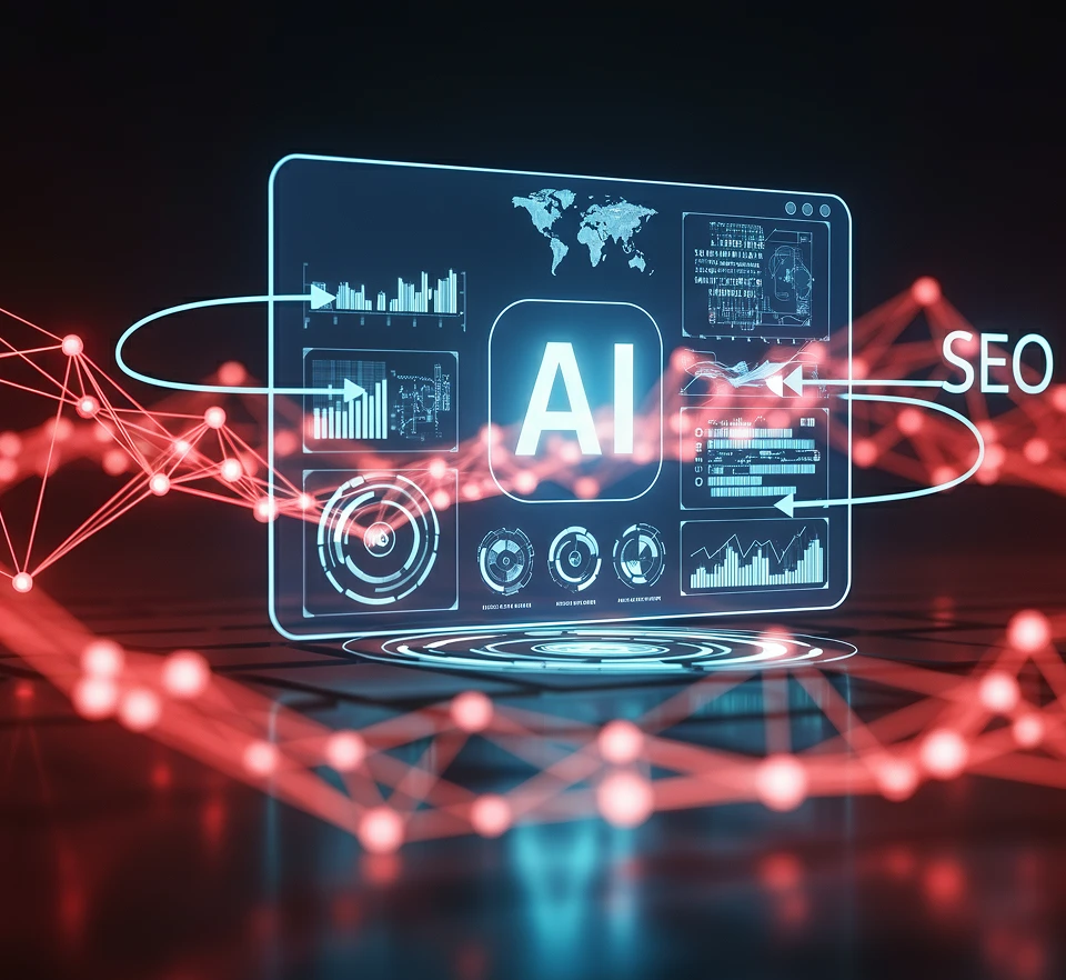 Futuristic AI interface for SEO and data analytics with neon network lines