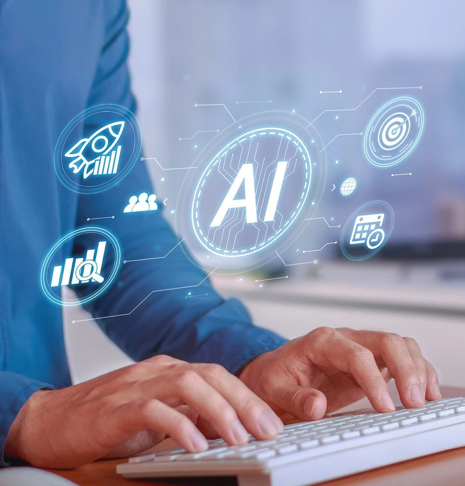 Person typing on keyboard with AI and technology icons overlay