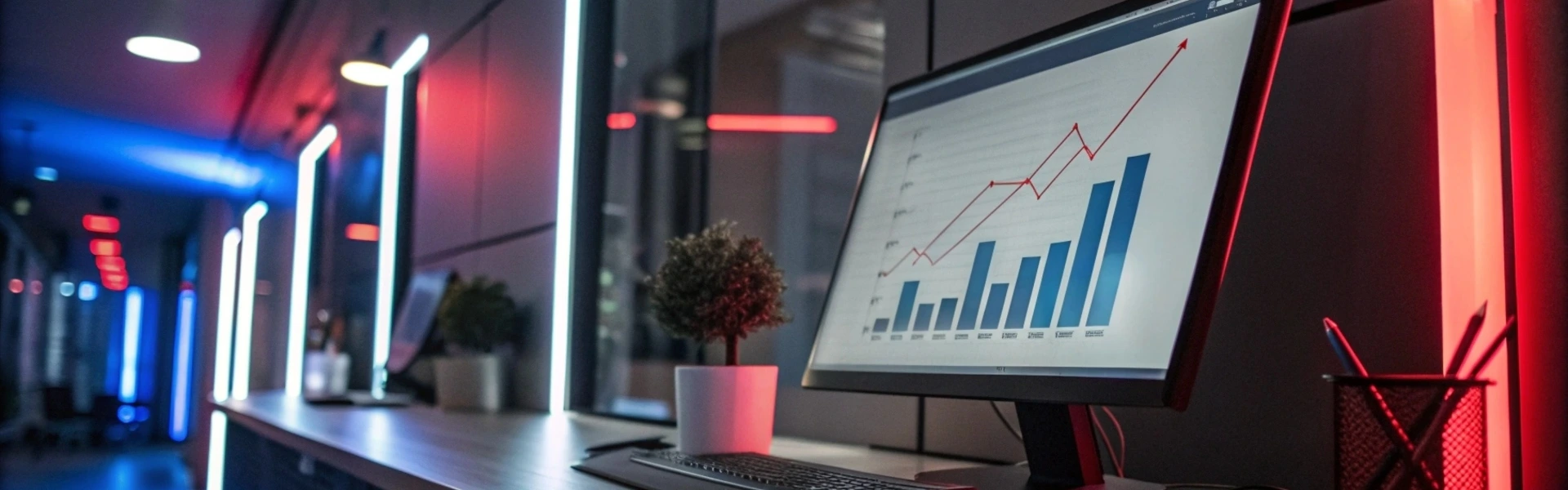 monitor with seo performance chart in a modern neon-lit office