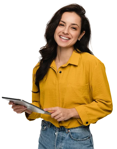 smiling woman girl student holding using tabled