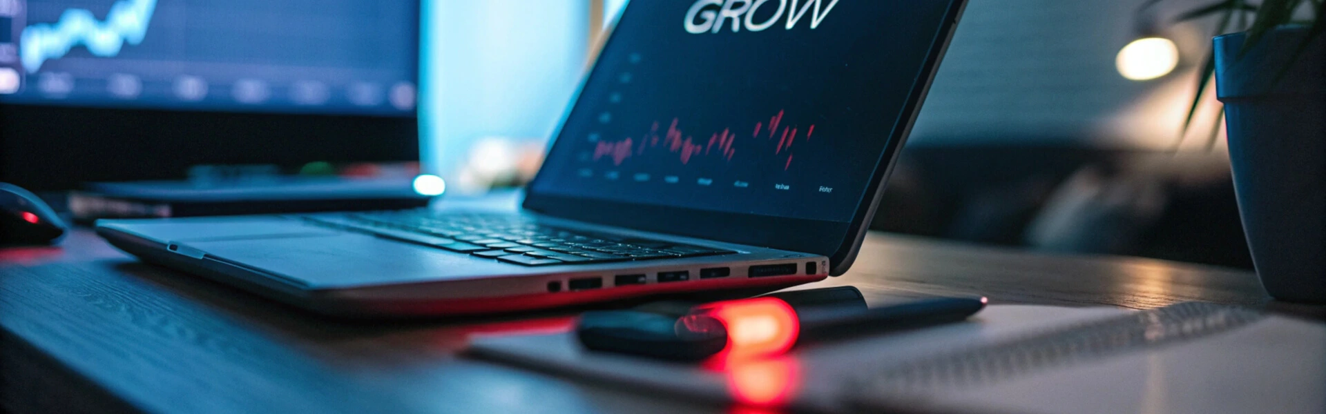 Laptop displaying trading charts on a desk with a glowing USB flash drive
