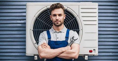 HVAC technician standing in front of an outdoor air conditioning unit with folded arms.