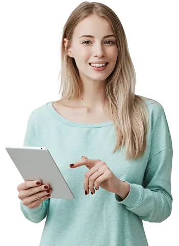 A young woman holding a tablet and smiling, suggesting a customer, user, or client interacting with a digital service or app.