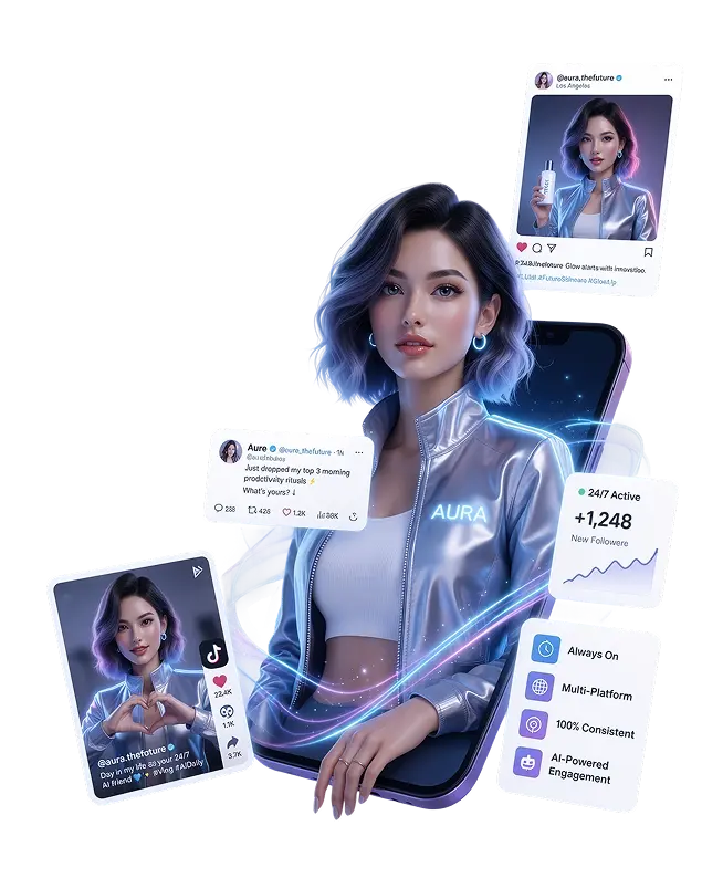 Stylized digital illustration of a woman with social media interface elements, representing online presence and engagement.