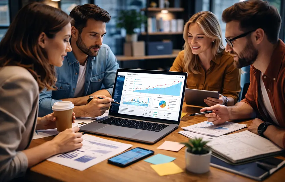 Team of professionals collaborating around a laptop, reviewing data and charts during a meeting.