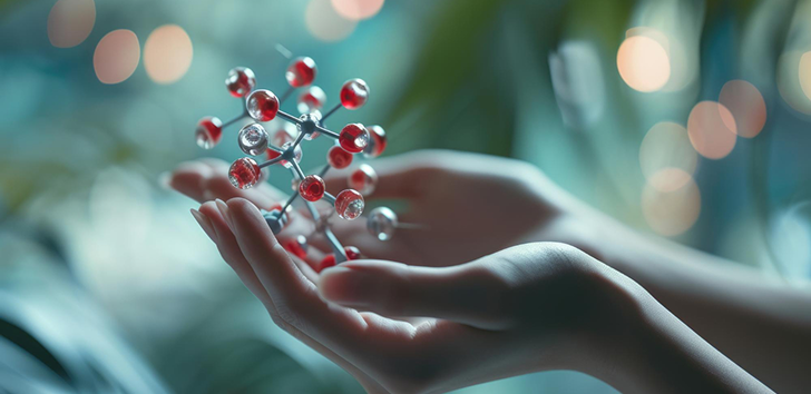 Hands holding a molecular structure model against a soft blurred background