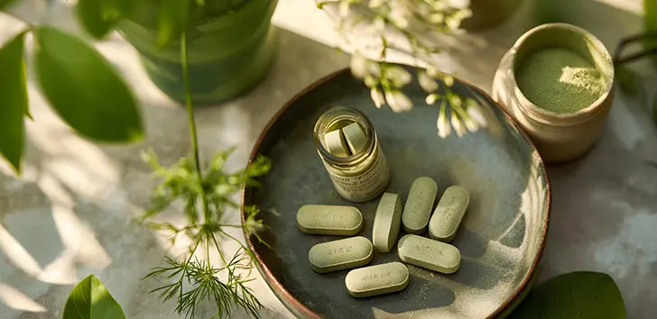 Green supplement tablets and a small bottle on a ceramic plate surrounded by plants and herbal powder