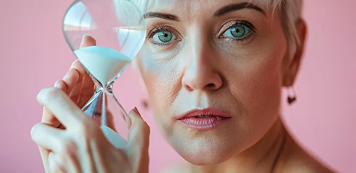 Middle-aged woman holding an hourglass close to her face against a pink background