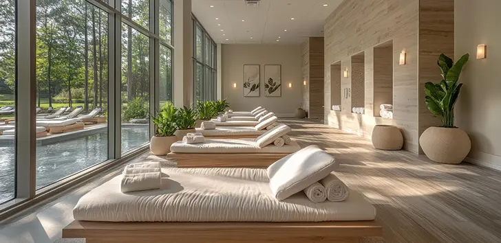 Bright and serene spa relaxation room with white loungers, rolled towels, and large windows overlooking a pool