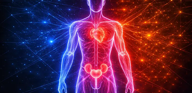 Digital illustration of a human body with glowing internal organs highlighted against a blue and orange energy field background