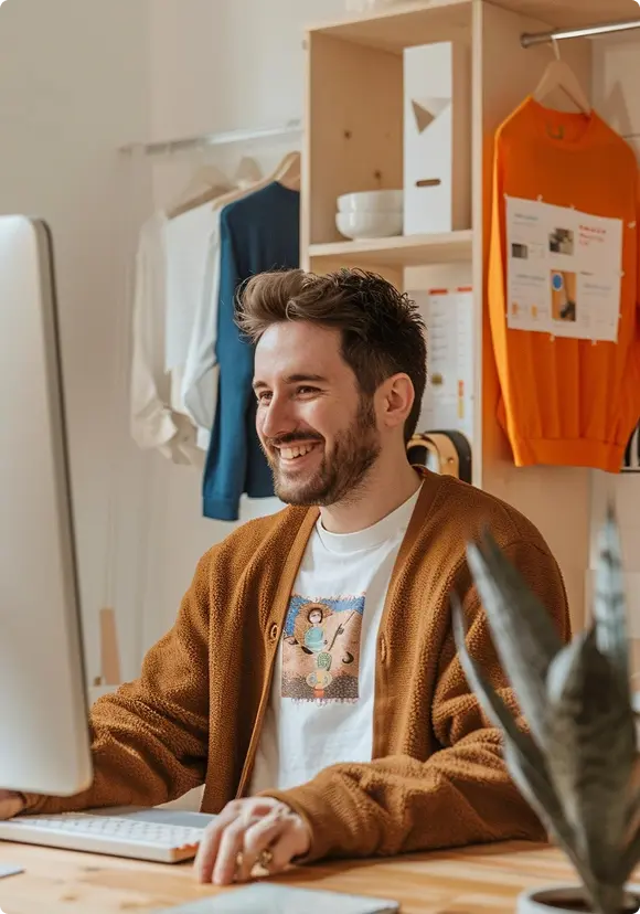 Smiling man working at a desktop computer in a small clothing boutique or fashion studio