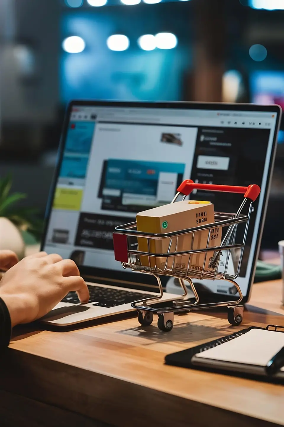 Mini shopping cart with a package in front of a laptop displaying an online store checkout page