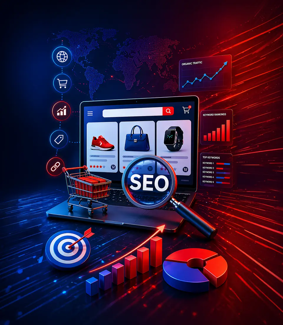 3D illustration of SEO concept with a laptop showing an online store, magnifying glass, shopping cart, and analytics charts
