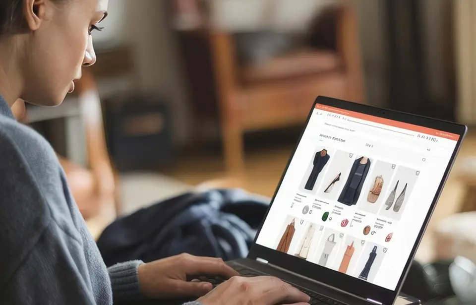 Woman browsing an online clothing store on a laptop at home