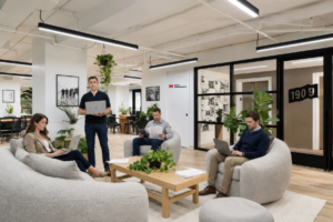 Media Components team working from its new West Palm Beach office at 1909 Coworking Space, supporting AI-driven digital marketing and technology businesses across South Florida. 