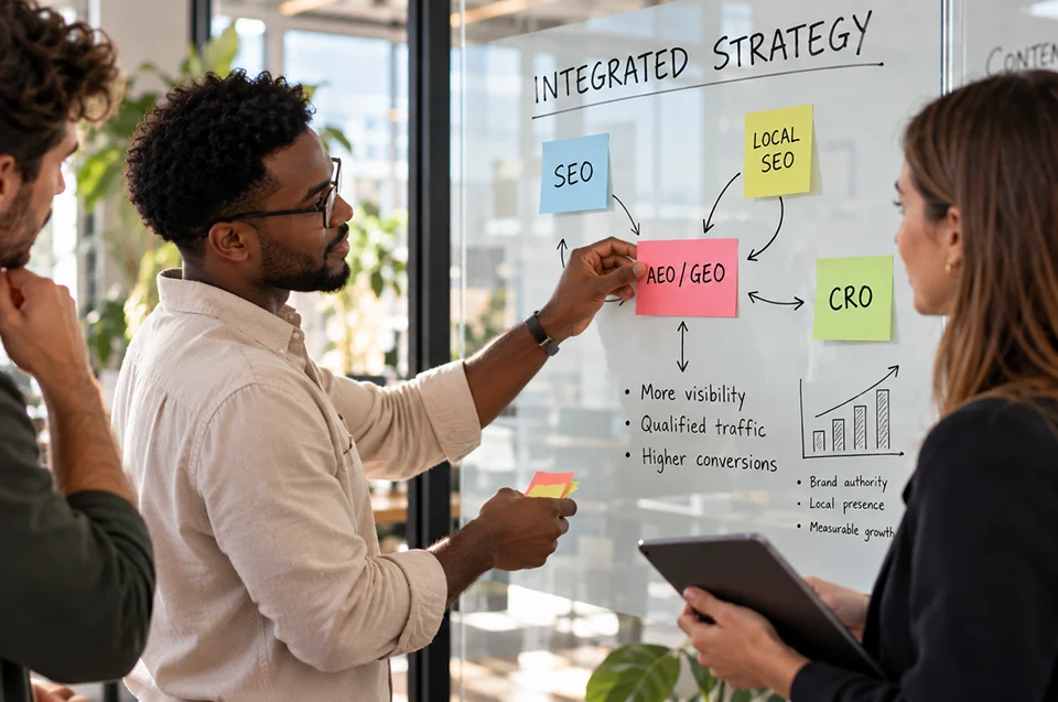 Digital marketing team developing an integrated SEO, AEO, and GEO strategy to improve online visibility and conversions.