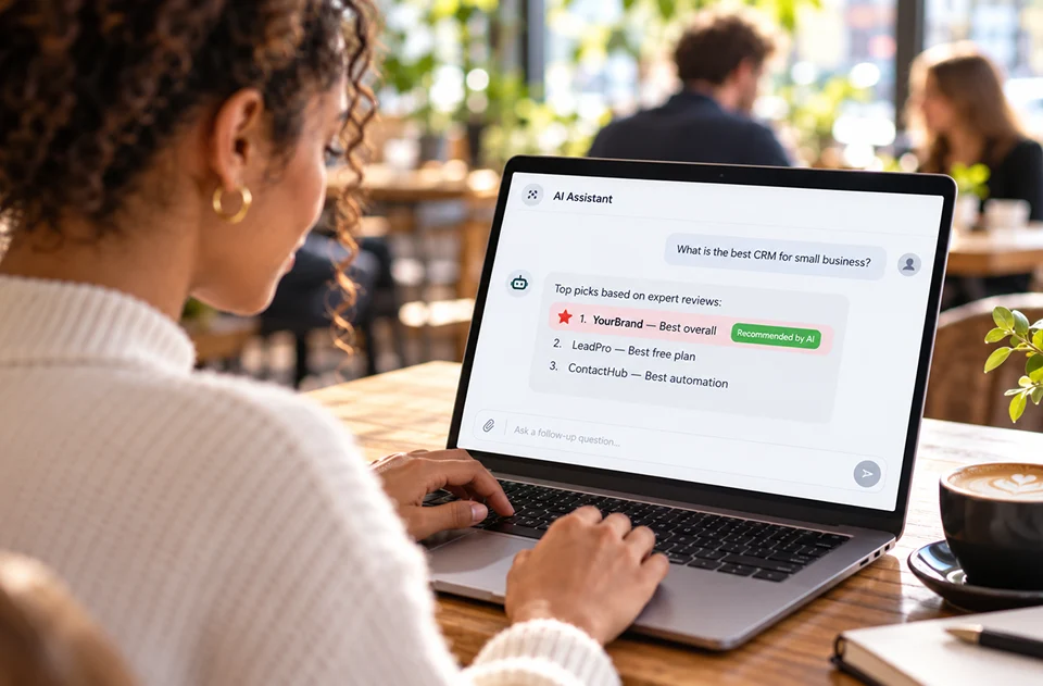 Woman using an AI assistant on her laptop to compare CRM recommendations and explore AI-generated search results.
