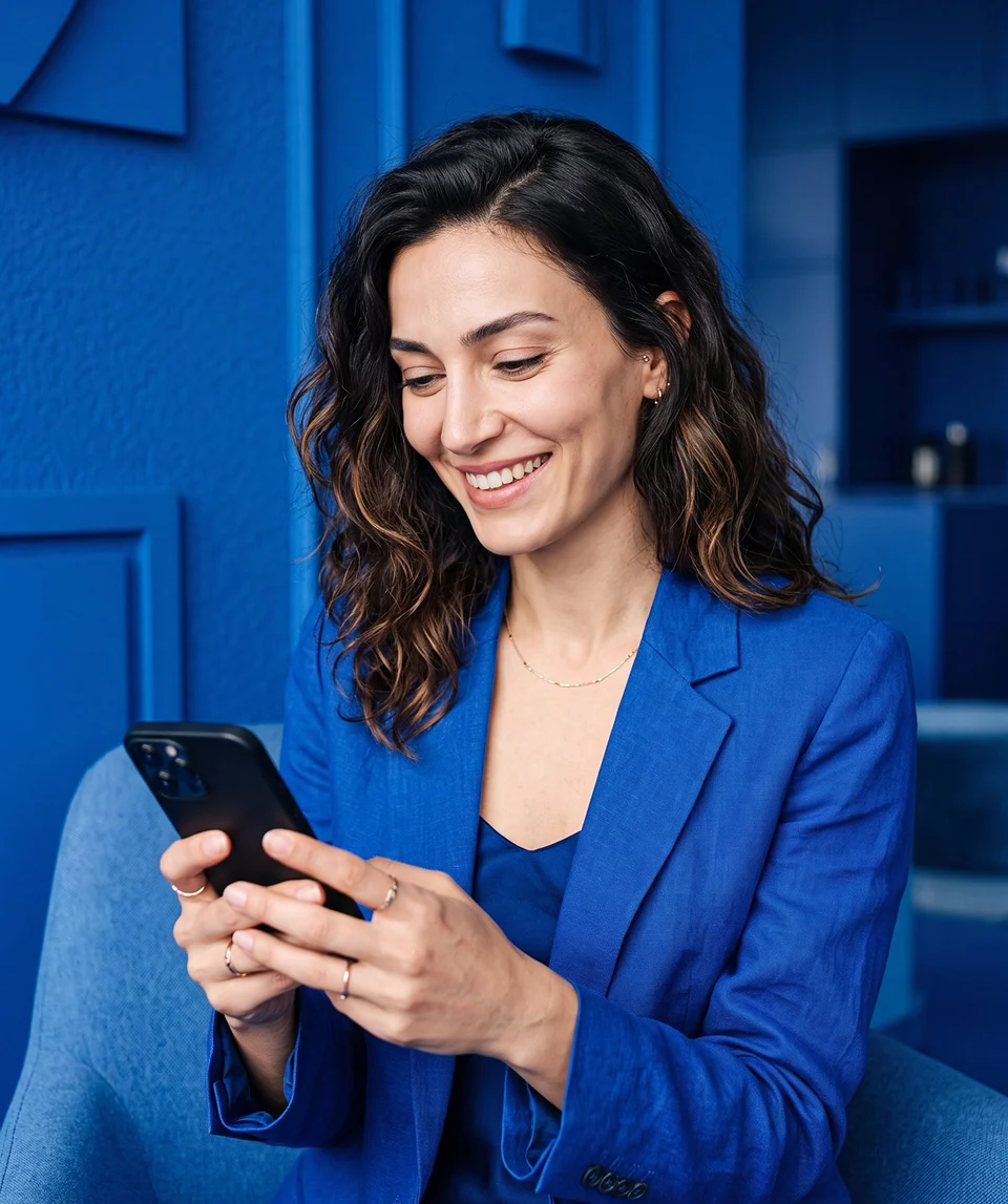 Smiling businesswoman in a blue blazer using her smartphone.
