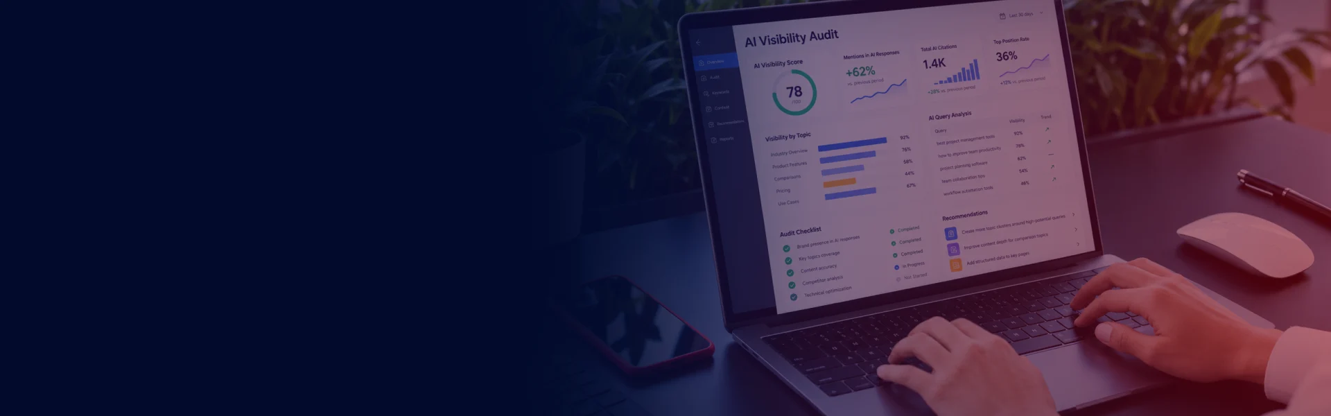 AI visibility audit dashboard displayed on a laptop