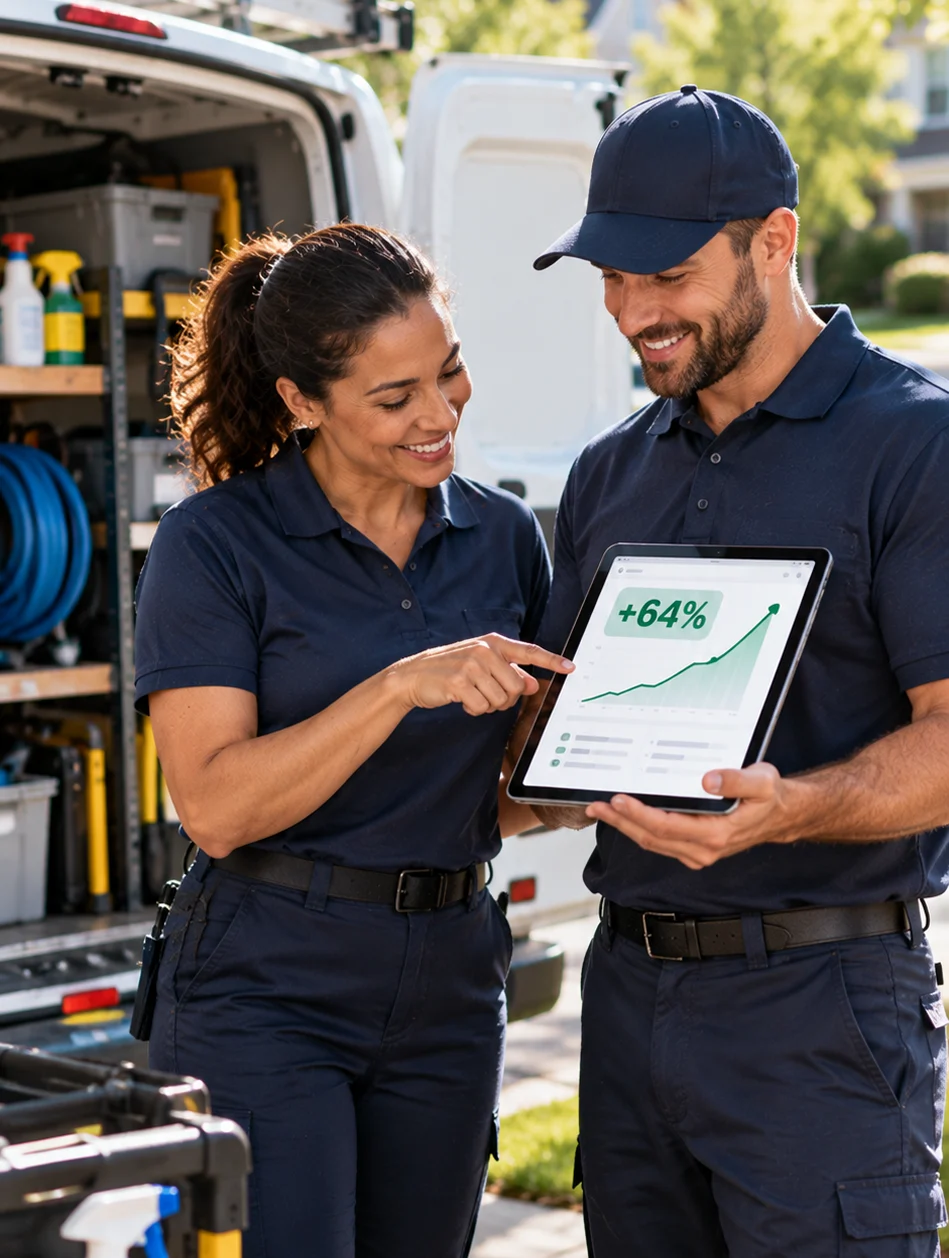 Field service professionals reviewing business growth data on a tablet