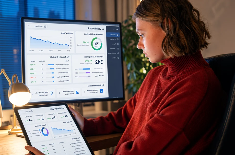Marketing specialist reviewing AI visibility analytics on a monitor and tablet